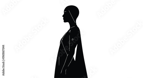 Striking black silhouette of a woman in profile with geometric accents and flowing cape