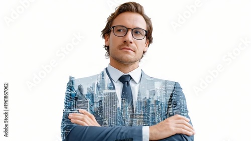 Visionary Entrepreneur with Cityscape Overlay: A determined entrepreneur stands confidently, his gaze fixed forward, his suit seamlessly integrated with a vibrant cityscape.