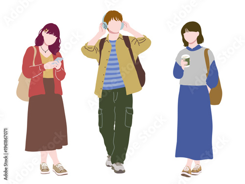 フラットイラスト　スマホやドリンクを持つカジュアルな若者3人 全身 　表情無し