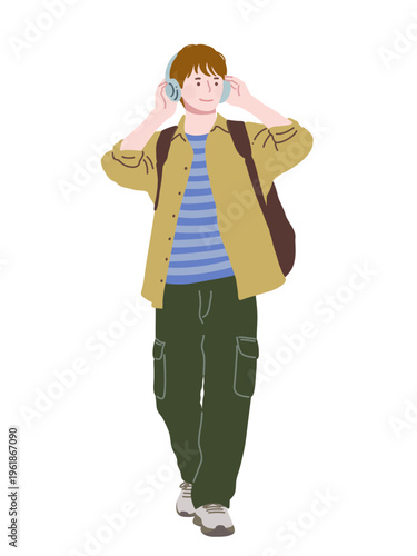 フラットイラスト　ヘッドホンで音楽を聴いている若い男性