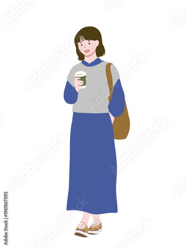 フラットイラスト　ドリンクを持っている青いワンピースの女性