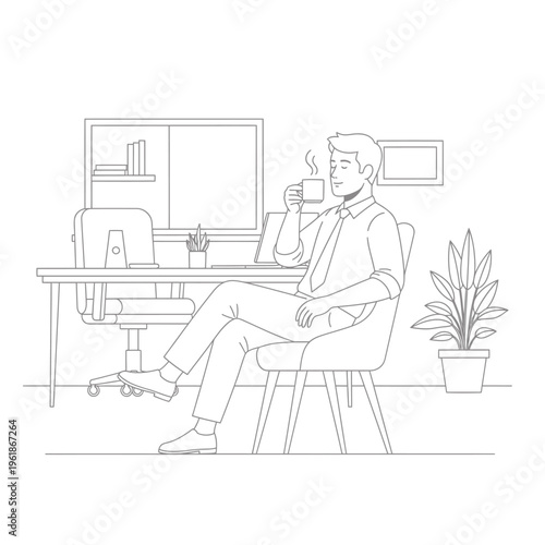A professional man taking a mindful coffee break at his office desk, enjoying a moment of calm and relaxation during his workday