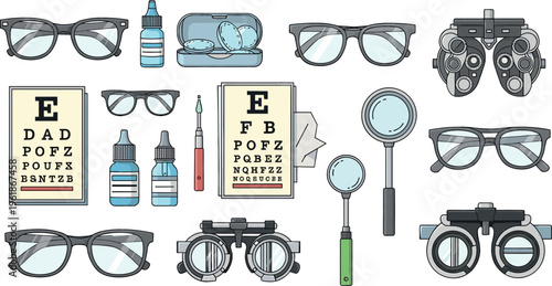 Optometry and Eyewear Icon Set with Glasses, Contact Lenses, Magnifying Glass, and Vision Testing Tools