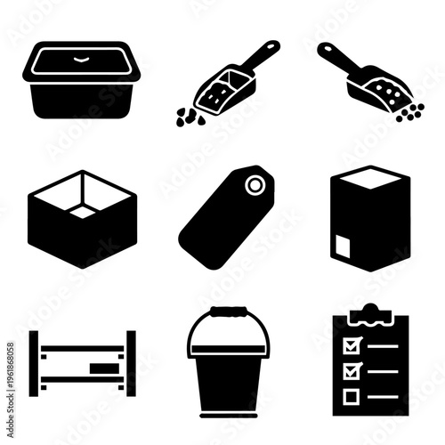Versatile Set of Black Silhouette Icons Depicting Essential Items for Grocery, Storage, and Retail Operations
