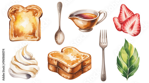 Watercolor Strawberry French Toast Clipart Set with Syrup, Whipped Cream, Spoon and Fork, on Transparent Background