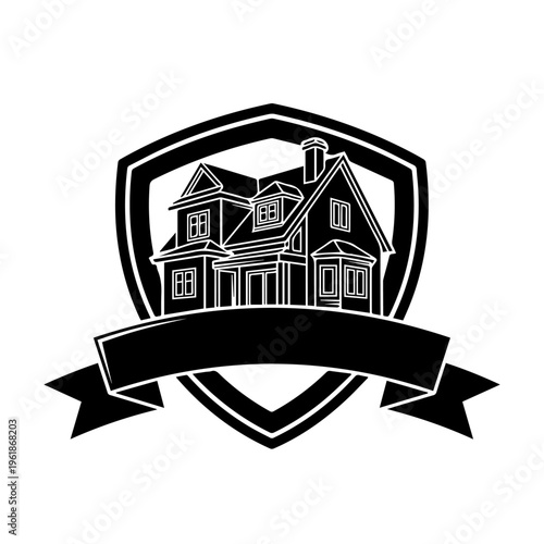 Elegant house within a protective shield icon featuring a customizable banner for real estate security