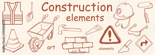 Hand drawn Different Construction Set . vector sketch Construction Set . vintage Construction art . Line art . vector illustration