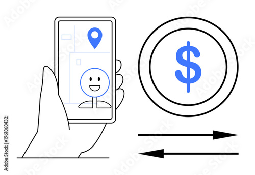 Digital transactions, mobile apps, geolocation services, online economy, fintech innovation, payment processing. Hand holding smartphone with map pin and smiling face. Mobile apps and fintech
