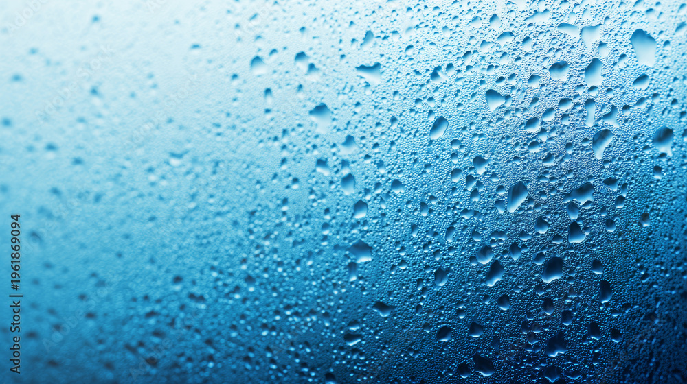 Obraz premium Blue tinted glass surface presenting numerous distinct water droplets, creating a captivating full frame liquid texture