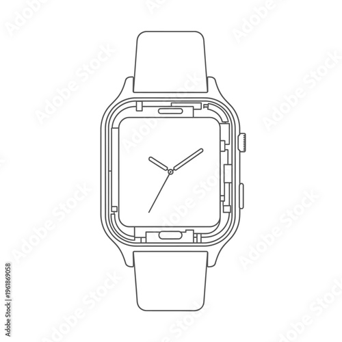 A sleek and modern digital watch face with minimalist hands, showcased in a clean line drawing for an elegant and contemporary aesthetic