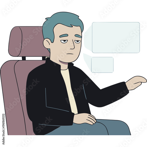 A man sits in a car seat gesturing while speaking with speech bubbles.