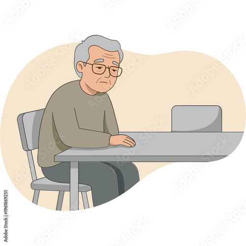 Elderly man sits alone at a table looking sad and depressed indoors