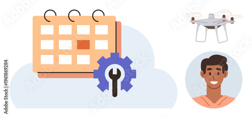 Business planning, technology integration, quadcopter applications, task management, cloud services, remote operations. Calendar with gear over cloud, Quadcopter and male icon. Business planning