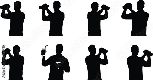 Bartender silhouettes shaking cocktail shakers, mixology process illustration, drink preparation sequence, bar service concept, professional beverage making tutorial design