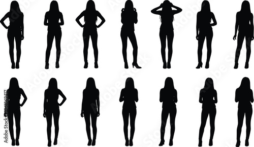 Female silhouette icons set, standing poses, arm gestures, leg positions, posture variations, vector illustration, black graphic design, people symbols