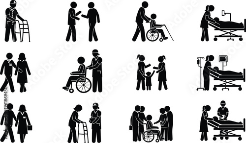 Black silhouette illustration of twelve healthcare and caregiving scenes featuring nurses, doctors, patients, wheelchairs, walkers, and medical assistance, symbolizi
