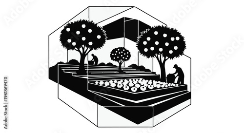 Stylized illustration of a bountiful orchard within a hexagonal frame, showing people tending to trees and plants.