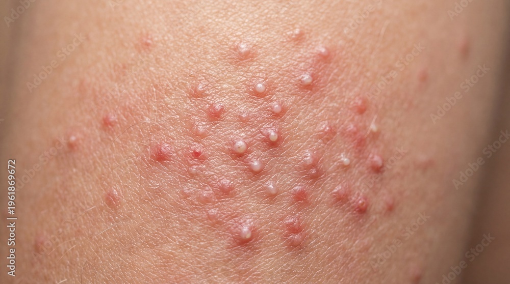 Fototapeta premium Skin rash detail tiny bumps closeup on human leg surface Health concept.