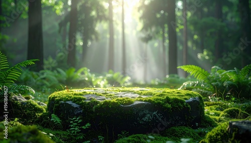 Flat moss covered stone pedestal located in middle of lush green forest with sunbeams filtering through tall trees and ferns in soft morning mist