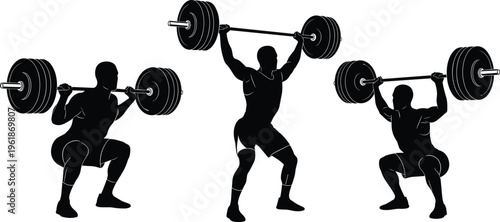 Weightlifting silhouette icons set, barbell exercises, squat, clean and jerk, overhead lift, fitness training, vector illustration, black graphic design