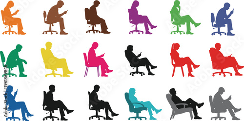 Colorful silhouette illustration of eighteen seated individuals using smartphones in varied postures and chairs, symbolizing digital behavior, ergonomics, and modern technology.