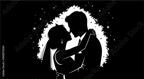 Romantic silhouette of a wedding couple kissing against a glowing starlit bush background. Elegant bride in veil and groom in suit embracing in a magical night scene. Monochrome artistic design.