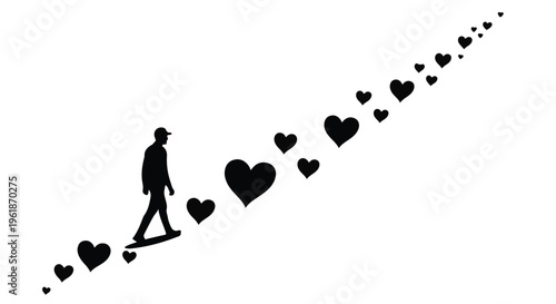 Silhouette of a person walking on a path of hearts towards brighter future