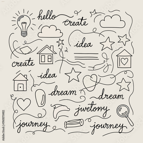 Illustration of creative journey with dream, idea, house, stars, and lightbulb
