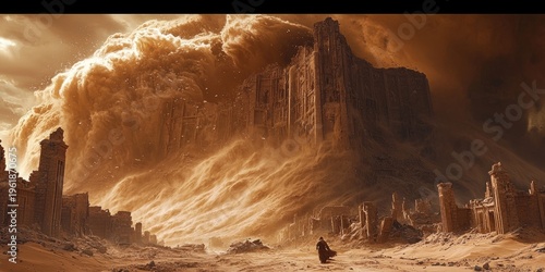 Gigantic sandstorm engulfs ancient desert city with towering stone buildings as dust clouds cover sky and ruins. Generative by AI.