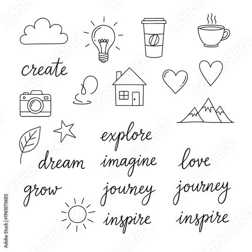 Inspirational symbols and icons for motivation and growth on a white background with various illustrations