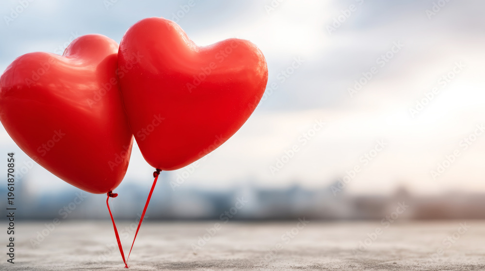 Fototapeta premium Two red heart balloons touching, symbolizing love, connection, and relationship on a textured surface