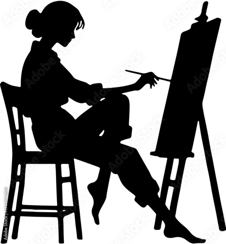 Silhouette of Female Artist Sits on Chair and Paints on Canvas with Easel