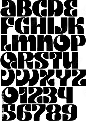 Retro Bold Display Alphabet and Numbers Set, Vintage Mod Style Typography Vector