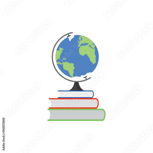 Vector illustration of a world globe on a stack of books against a solid white background. Perfect for educational concepts, international learning, school posters, geography, and academic projects.