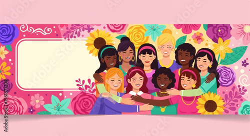 Diverse group of women and girls with colorful flowers and sunflowers smiling and embracing symbolizing unity and friendship