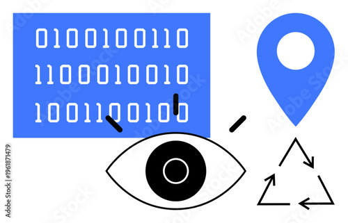 Technology, data privacy, digital tracking, recycling concepts, sustainability, eco-friendly tech. Visuals of an eye, binary code block location pin and recycling symbol. Data privacy