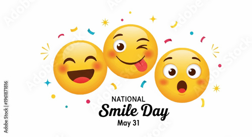 Smiling emojis celebrate national smile day with confetti on white background