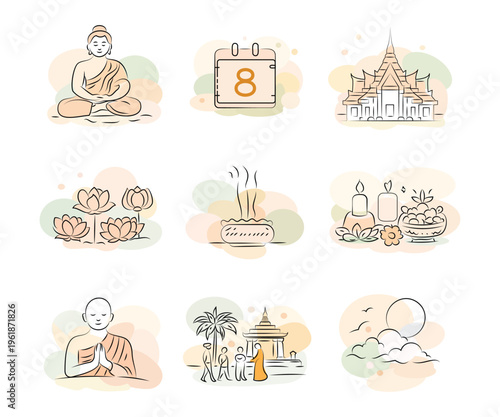Visakha Bucha Day minimalistic line art icons in pastel hues collection,hand drawing isolated background