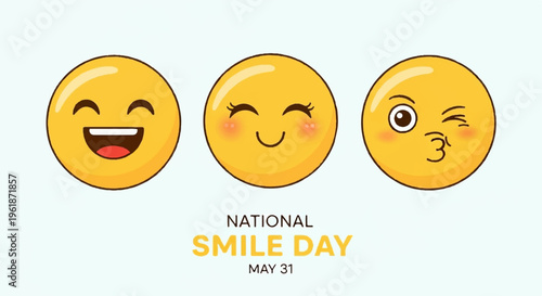 Smiling emojis on light background celebrating national smile day may 31 with winking and tongue out faces