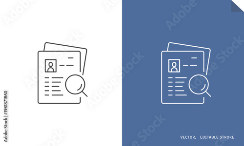 履歴書を虫眼鏡で確認する書類選考のベクターアイコン（線画・モノクロ）Editable stroke
