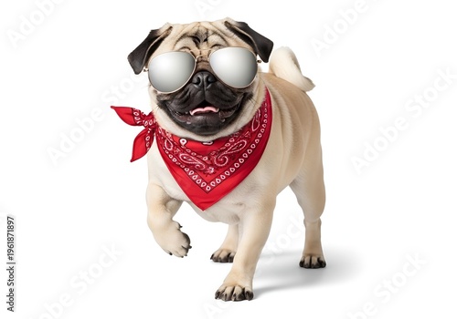 Stylish pug dog wearing cool reflective aviator sunglasses and a vibrant red bandana cheerfully walking forward on white background