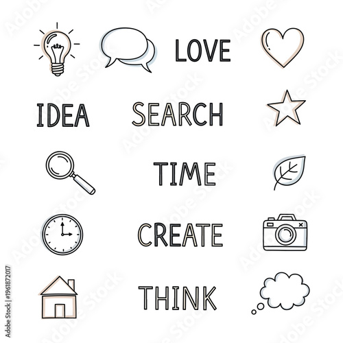 Illustration of symbols and words representing creativity and thought process on download 2026-03-26