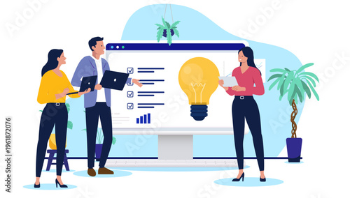 Business team working with lightbulb idea and checklist on large computer monitor, creative project management, innovation and startup planning, flat design vector illustration