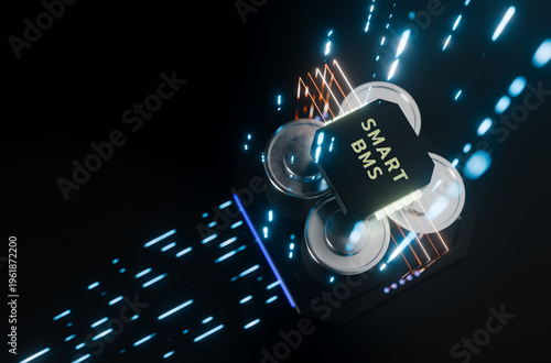 Smart BMS Technology: Capturing the intricate beauty of advanced energy management, this image showcases a cutting-edge smart Battery Management System (BMS) with energy beams against a dark backdrop.