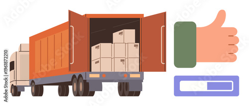 Logistics, cargo transport, supply chain, shipping approval, freight delivery, warehouse management. Open truck filled with boxes alongside thumbs-up and loading bar symbols. Logistics and cargo