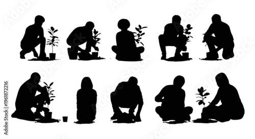 Silhouettes of people planting and tending to plants