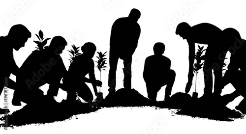 Silhouette of people planting trees and gardening together