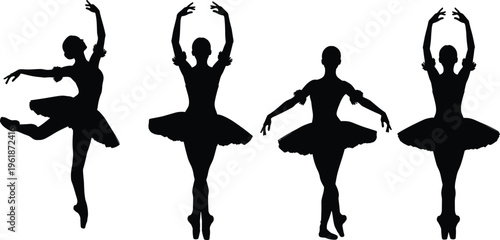 Silhouette illustration set of beautiful ballerinas performing elegant ballet dance poses in tutus, isolated on a clean white background for artistic and creative projects.