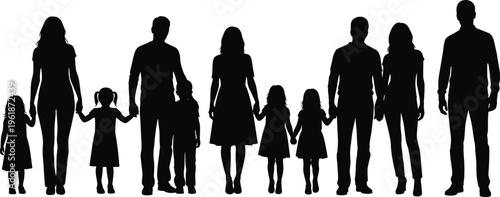 Silhouette illustration of nine people including adults and children standing together in line, symbolizing family unity, connection, community relationships, and generational bond.