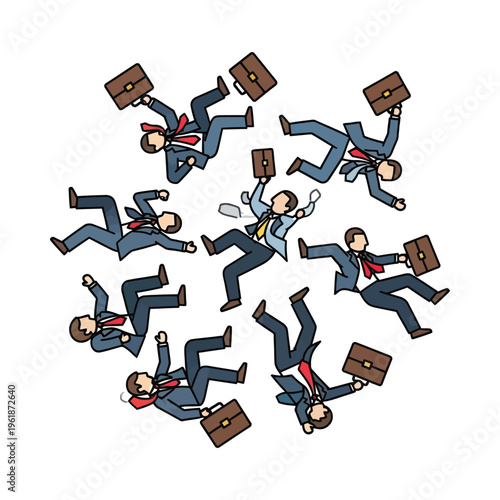 Chaotic scene of office workers frantically juggling briefcases and files in mid-air
